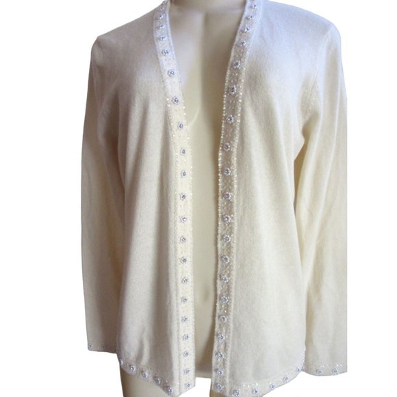 New, Charter Club Open 2 Ply Cashmere Cardigan w Faux Pearls & Rhinestones, M - Picture 3 of 9